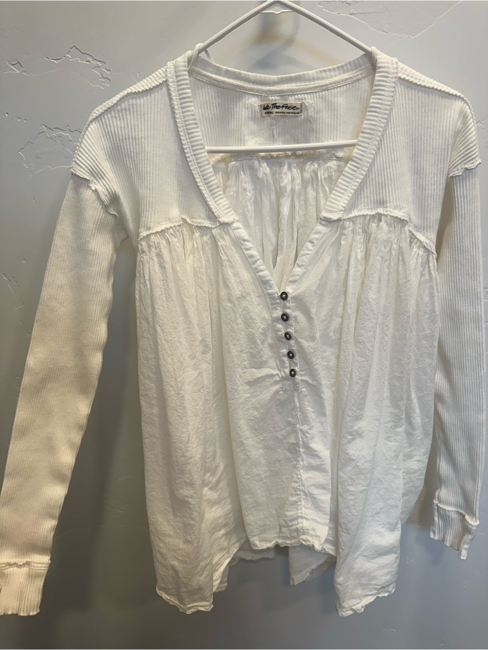 Free People- White Long-Sleeve Henley Peasant Top with Button Front - Picture 1 of 6